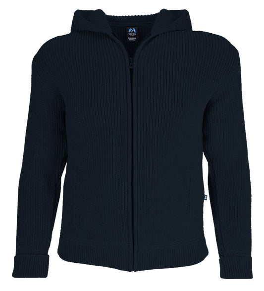 Hochwertige Hoodie-Jacke aus Merino mit Kapuze und Taschen aus 100% Schurwolle in der Farbe Marine