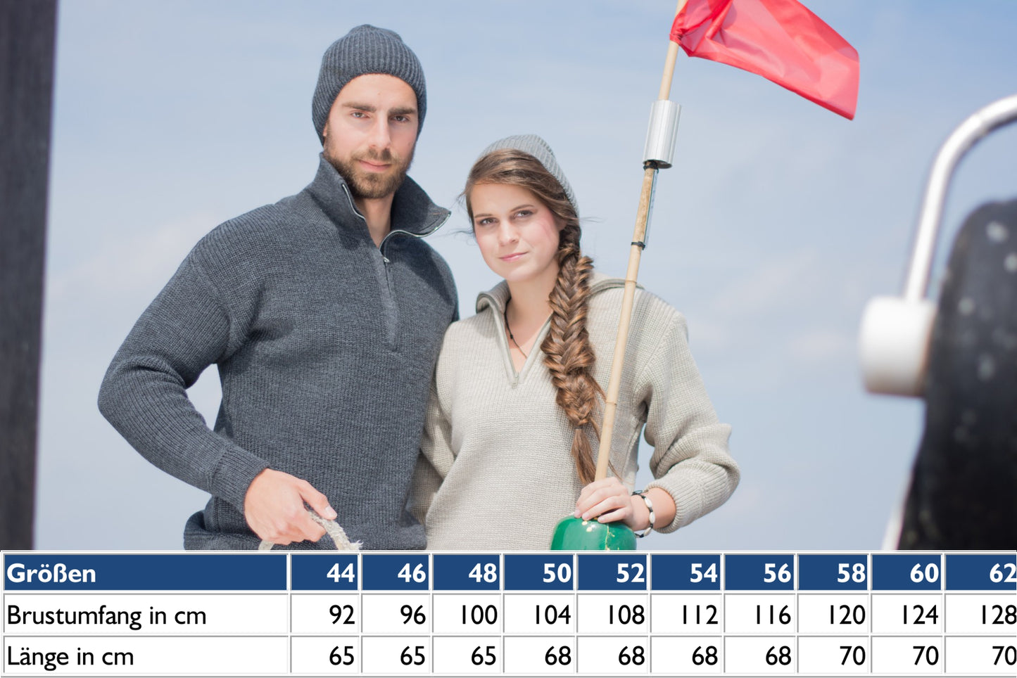 Größentabelle für den Kapuzen-Troyer-Jacke aus Merinowolle mit Angaben zum Brustumfang und zur Länge in cm