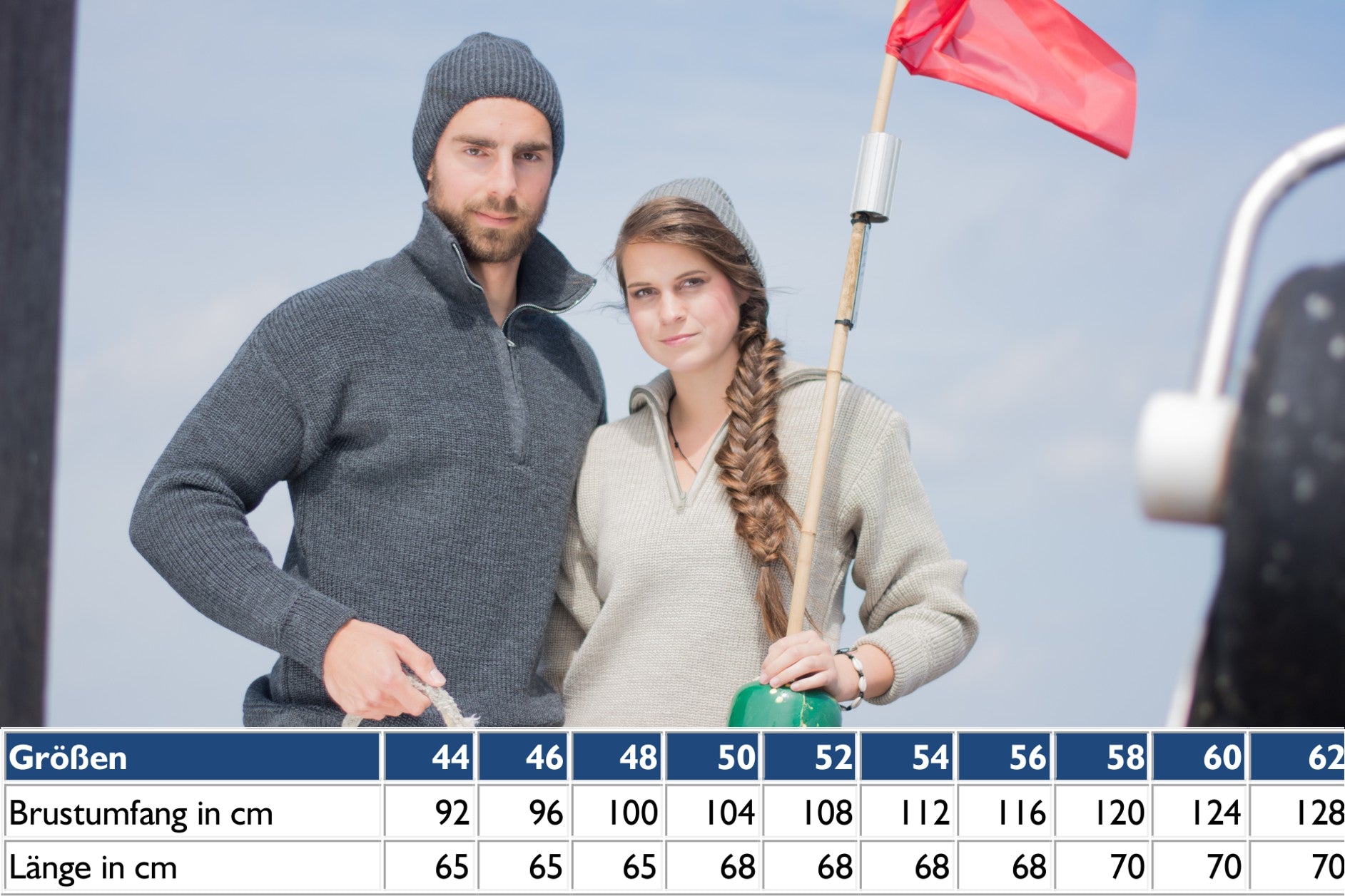 Größentabelle für den Kapuzen-Troyer-Jacke aus Merinowolle mit Angaben zum Brustumfang und zur Länge in cm