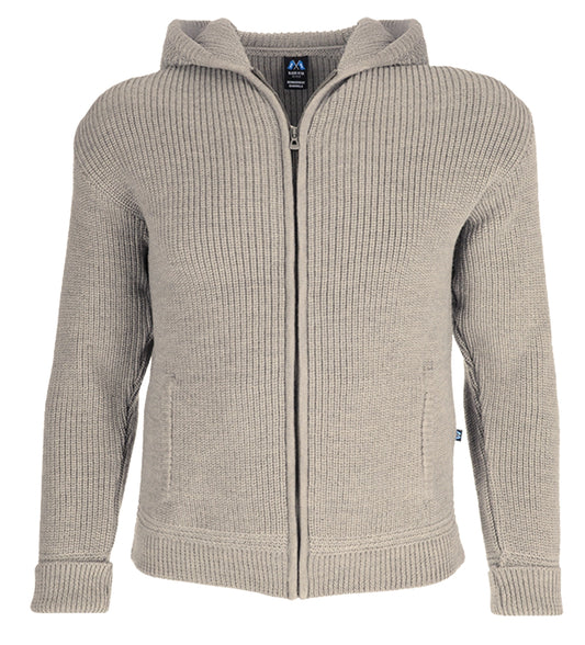 Hochwertige Hoodie-Jacke aus Merino mit Kapuze und Taschen aus 100% Schurwolle in der Farbe Beige - Beigemeliert