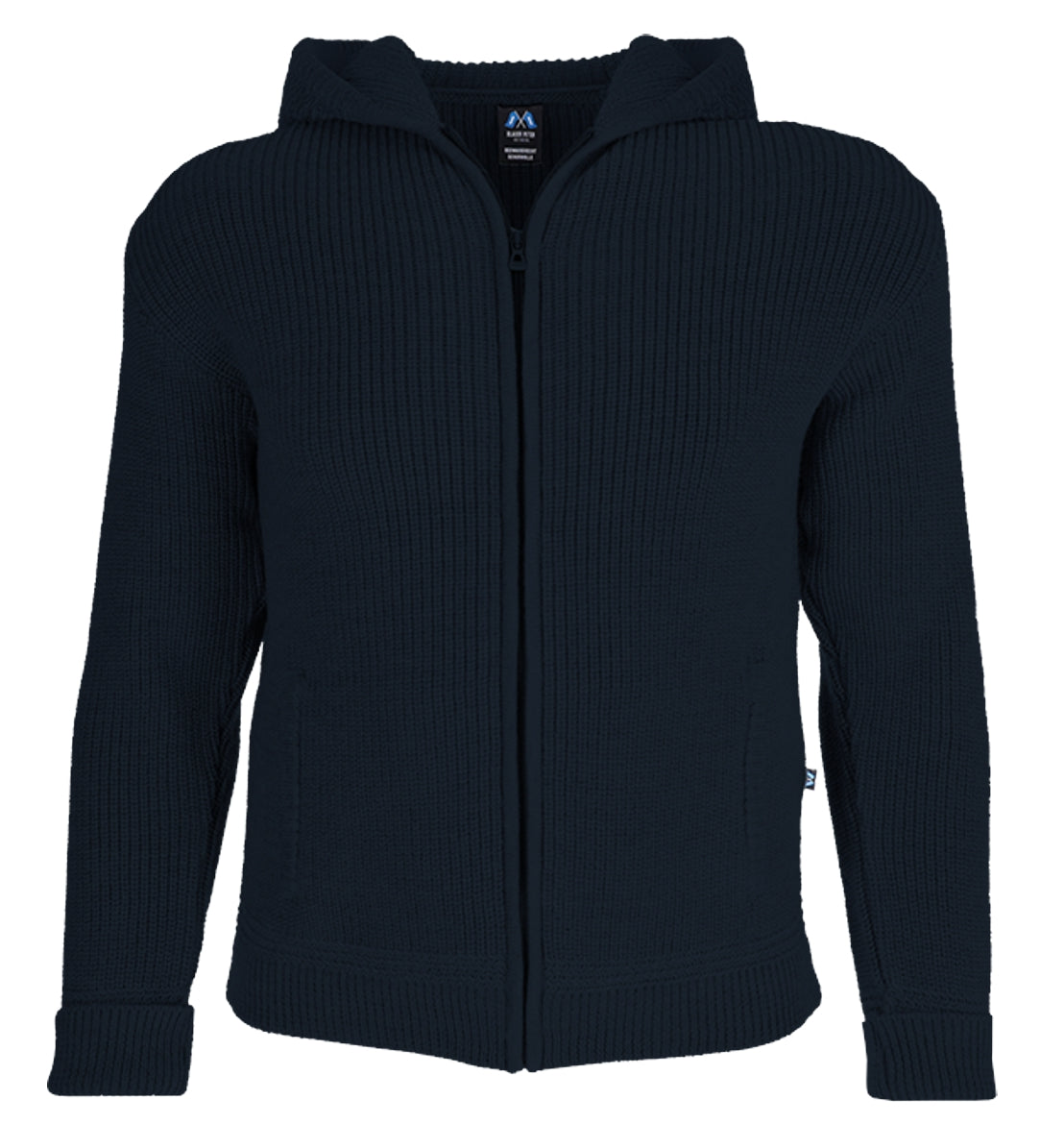 Hochwertige Hoodie-Jacke aus Merino mit Kapuze und Taschen aus 100% Schurwolle in der Farbe Marine