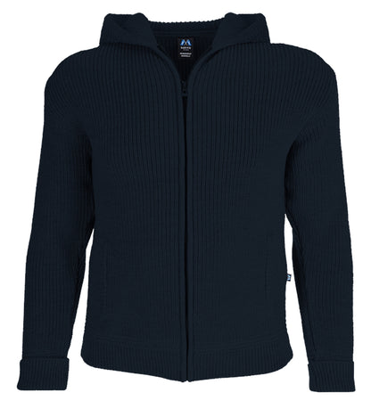 Hochwertige Hoodie-Jacke aus Merino mit Kapuze und Taschen aus 100% Schurwolle in der Farbe Marine