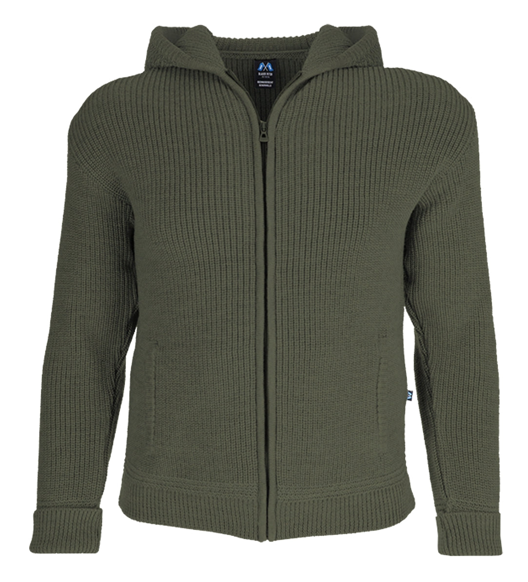 Hochwertige Hoodie-Jacke aus Merino mit Kapuze und Taschen aus 100% Schurwolle in der Farbe Oliv