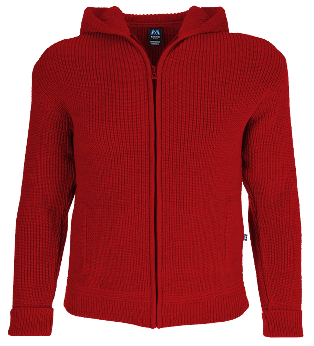 Hochwertige Hoodie-Jacke aus Merino mit Kapuze und Taschen aus 100% Schurwolle in der Farbe Rot