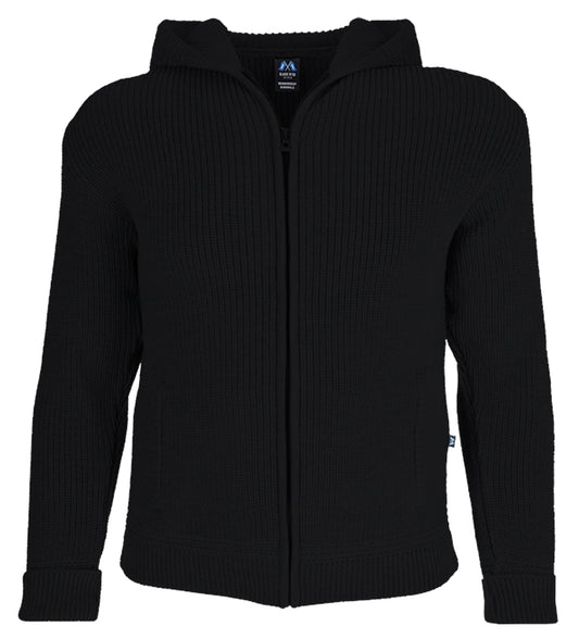 Hochwertige Hoodie-Jacke aus Merino mit Kapuze und Taschen aus 100% Schurwolle in der Farbe Schwarz - Schwarz