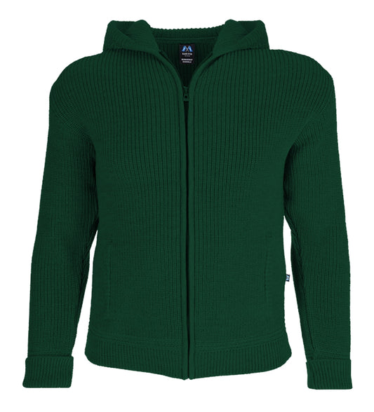 Hochwertige Hoodie-Jacke aus Merino mit Kapuze und Taschen aus 100% Schurwolle in der Farbe Tanne - Tanne