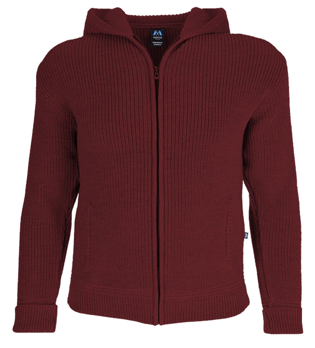 Hochwertige Hoodie-Jacke mit Kapuze und Taschen aus 100% Schurwolle in der Farbe Weinrot