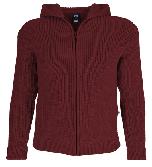 Hochwertige Hoodie-Jacke mit Kapuze und Taschen aus 100% Schurwolle in der Farbe Weinrot - Weinrot