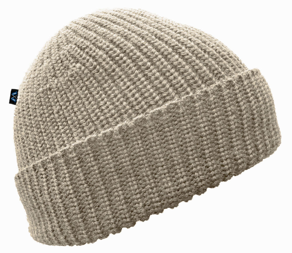 Blauer Peter Strickmütze aus 100 % Schurwolle in Beigemeliert – formgerecht gestrickt mit Umschlagkante