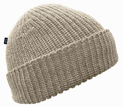 Blauer Peter Strickmütze aus 100 % Schurwolle in Beigemeliert – formgerecht gestrickt mit Umschlagkante