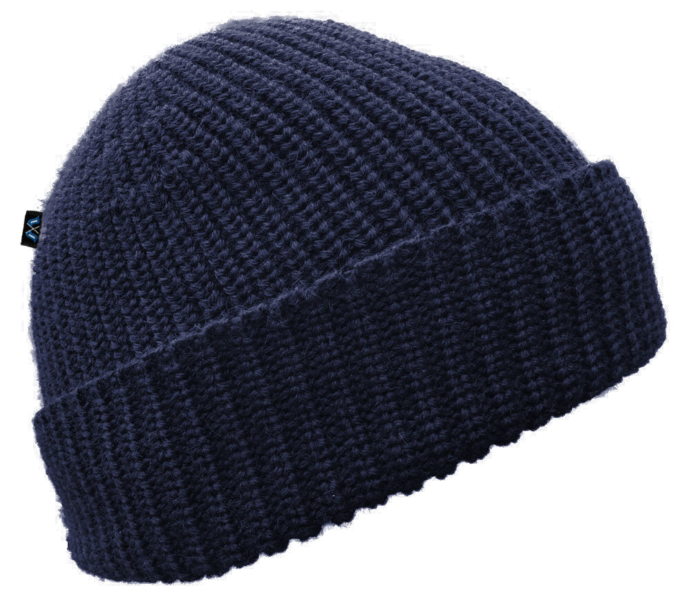 Blauer Peter Strickmütze aus 100 % Merinowolle in Marineblau – formgerecht gestrickt mit Umschlagkante