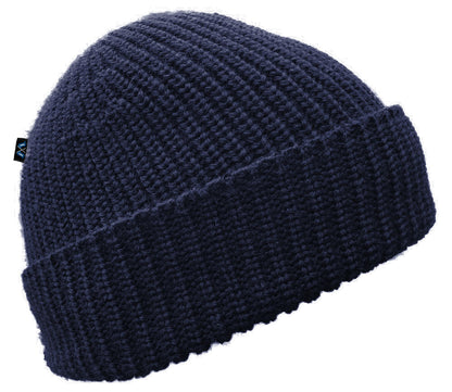 Blauer Peter Strickmütze aus 100 % Merinowolle in Marineblau – formgerecht gestrickt mit Umschlagkante