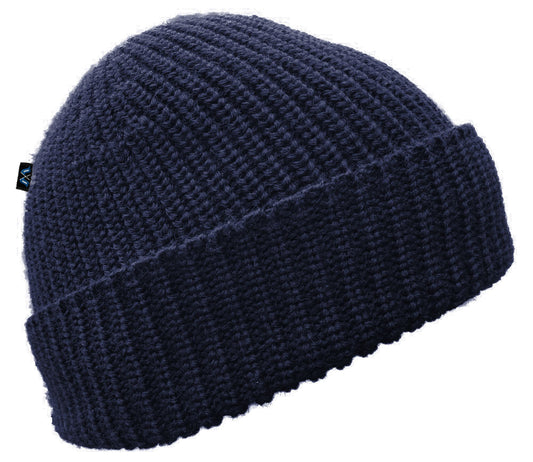 Blauer Peter Strickmütze aus 100 % Merinowolle in Marineblau – formgerecht gestrickt mit Umschlagkante