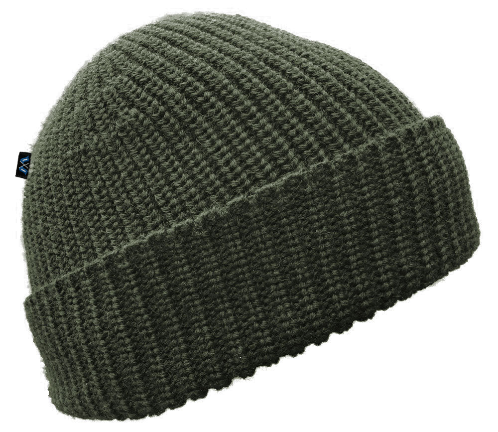 Blauer Peter Strickmütze aus 100 % Schurwolle in Olivgrün – formgerecht gestrickt mit Umschlagkante