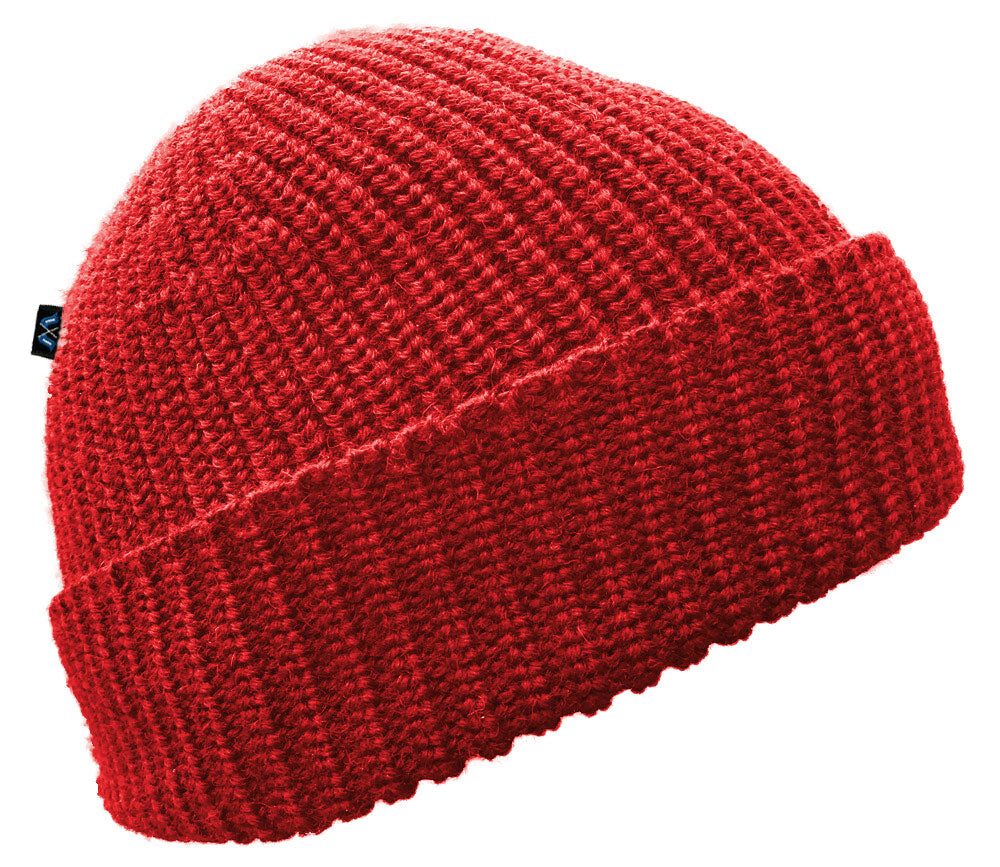 Blauer Peter Strickmütze aus 100 % Schurwolle in Rot – formgerecht gestrickt mit Umschlagkante