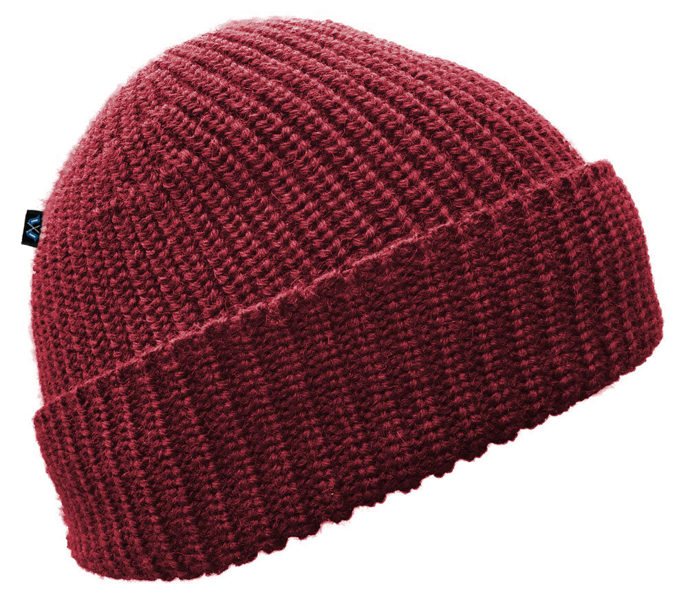 Blauer Peter Strickmütze aus 100 % Schurwolle in Weinrot – formgerecht gestrickt mit Umschlagkante