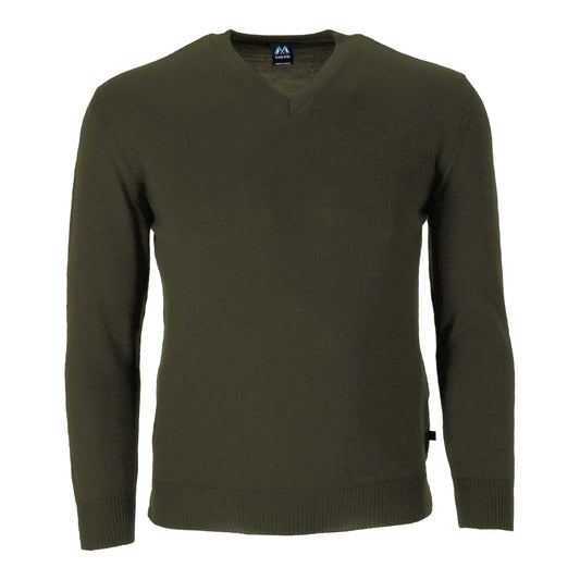 Hochwertiger Merino-V-Pullover aus 100% Merinowolle in der Farbe Olivgrün - Oliv